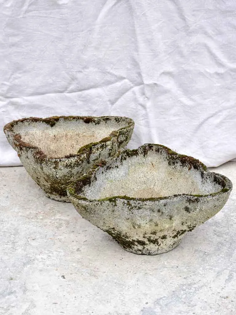Pair of weathered 1960's garden planters with curved edges