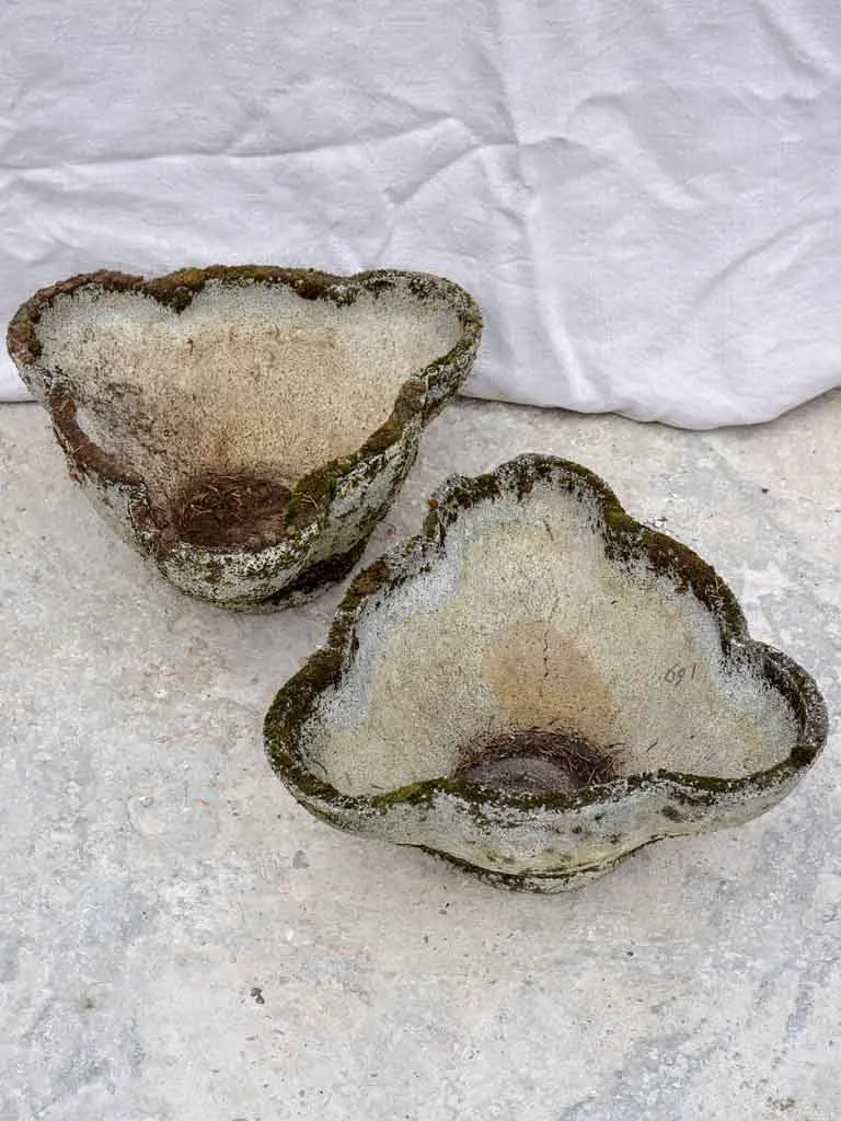 Pair of weathered 1960's garden planters with curved edges