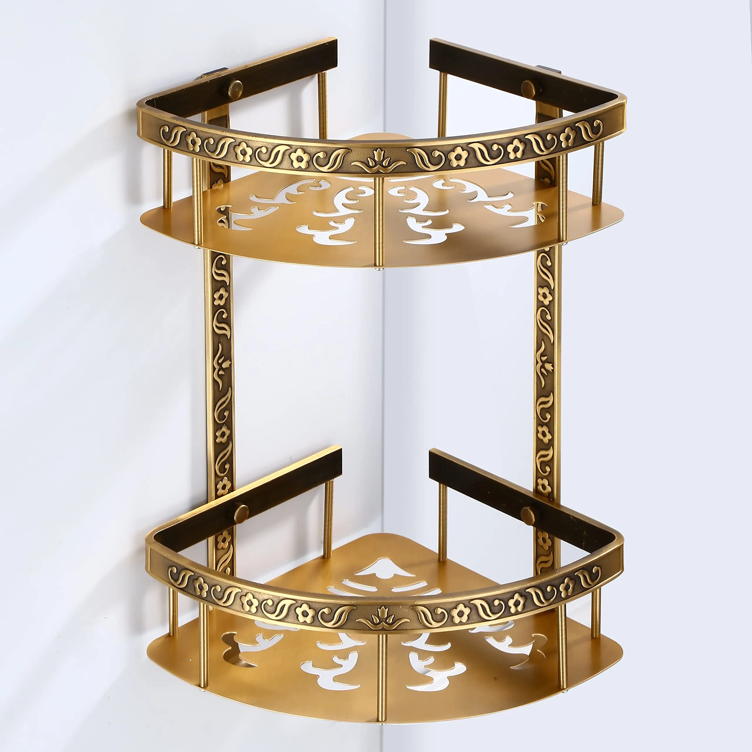 Plantex Aluminium 2 Tier Corner Shelf for Bathroom/Living Room Corner Shelf with Hooks/Premium Bathroom Organizer (Brass-Antique Finish)