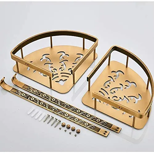 Plantex Aluminium 2 Tier Corner Shelf for Bathroom/Living Room Corner Shelf with Hooks/Premium Bathroom Organizer (Brass-Antique Finish)