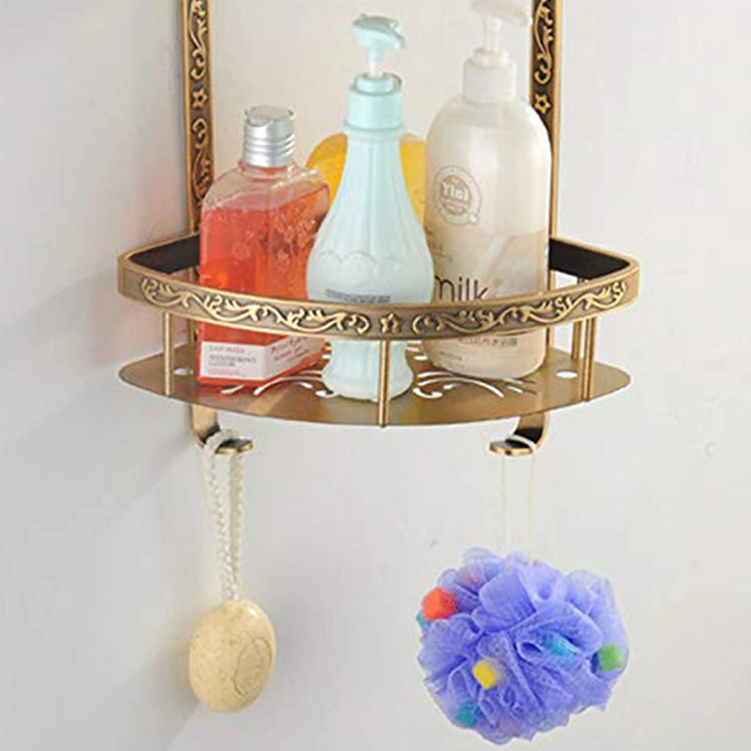 Plantex Aluminium 2 Tier Corner Shelf for Bathroom/Living Room Corner Shelf with Hooks/Premium Bathroom Organizer (Brass-Antique Finish)