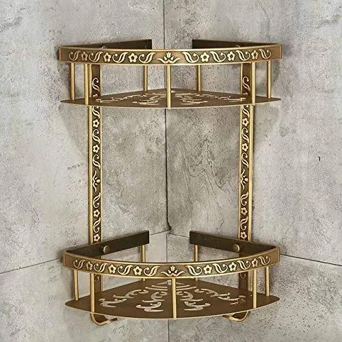 Plantex Aluminium 2 Tier Corner Shelf for Bathroom/Living Room Corner Shelf with Hooks/Premium Bathroom Organizer (Brass-Antique Finish)