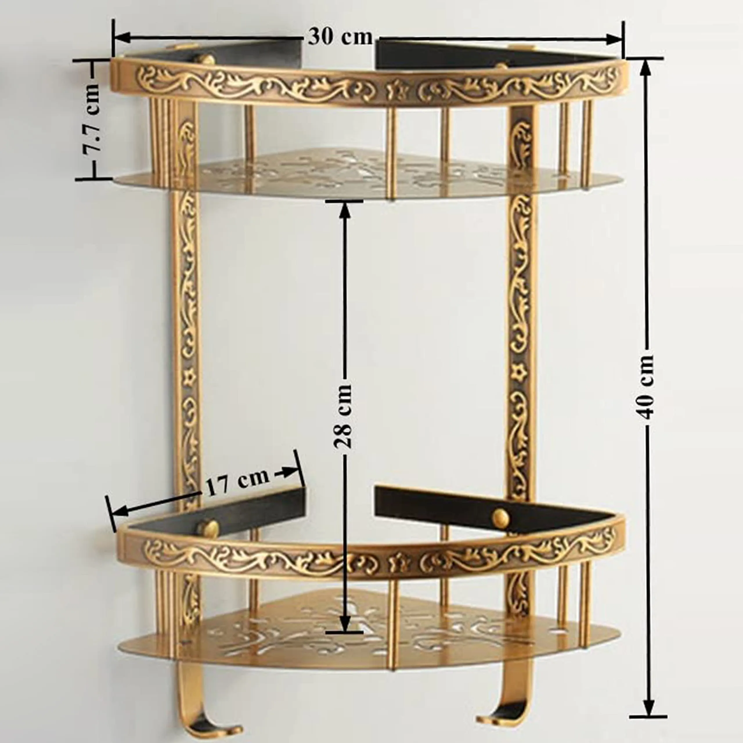 Plantex Aluminium 2 Tier Corner Shelf for Bathroom/Living Room Corner Shelf with Hooks/Premium Bathroom Organizer (Brass-Antique Finish)