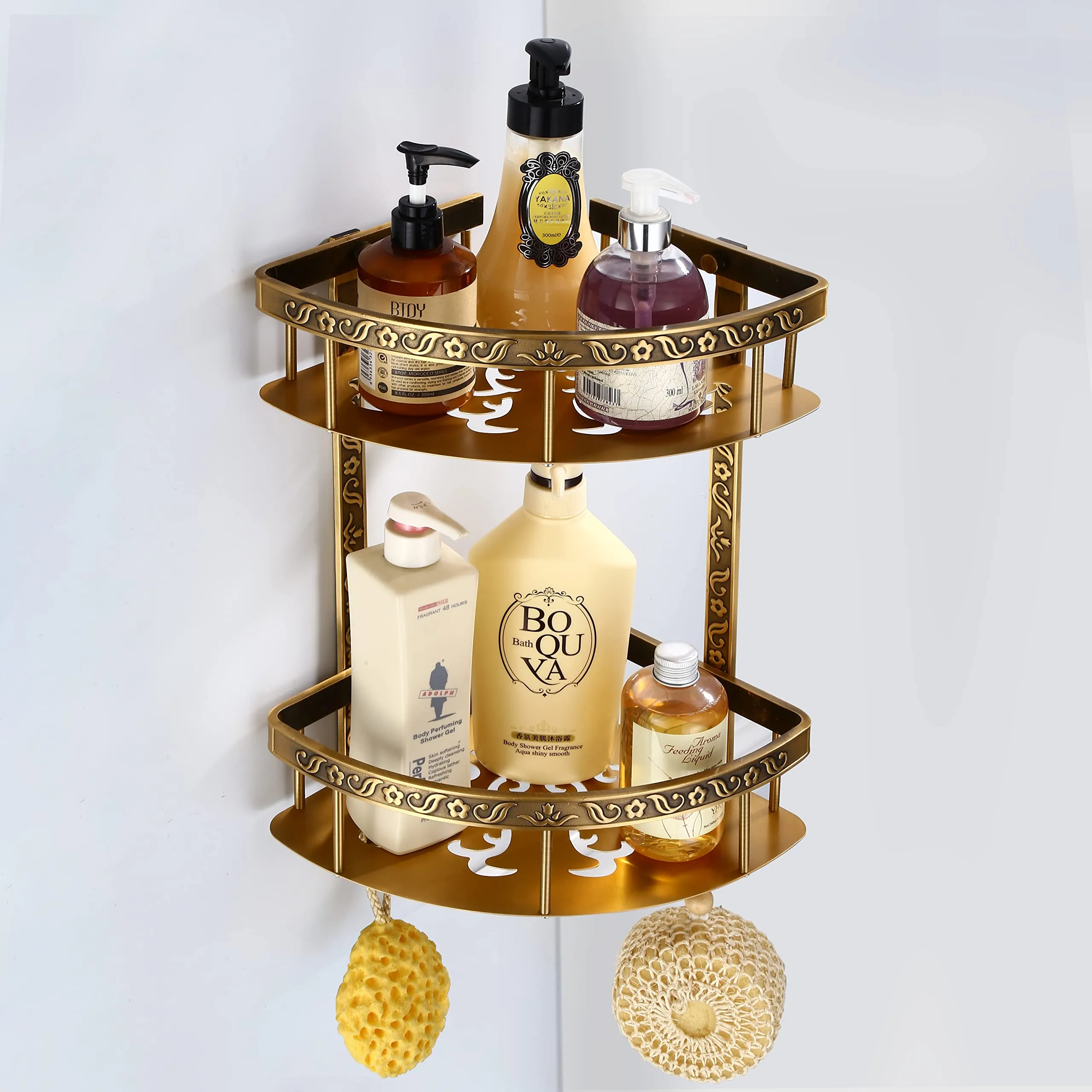 Plantex Aluminium 2 Tier Corner Shelf for Bathroom/Living Room Corner Shelf with Hooks/Premium Bathroom Organizer (Brass-Antique Finish)