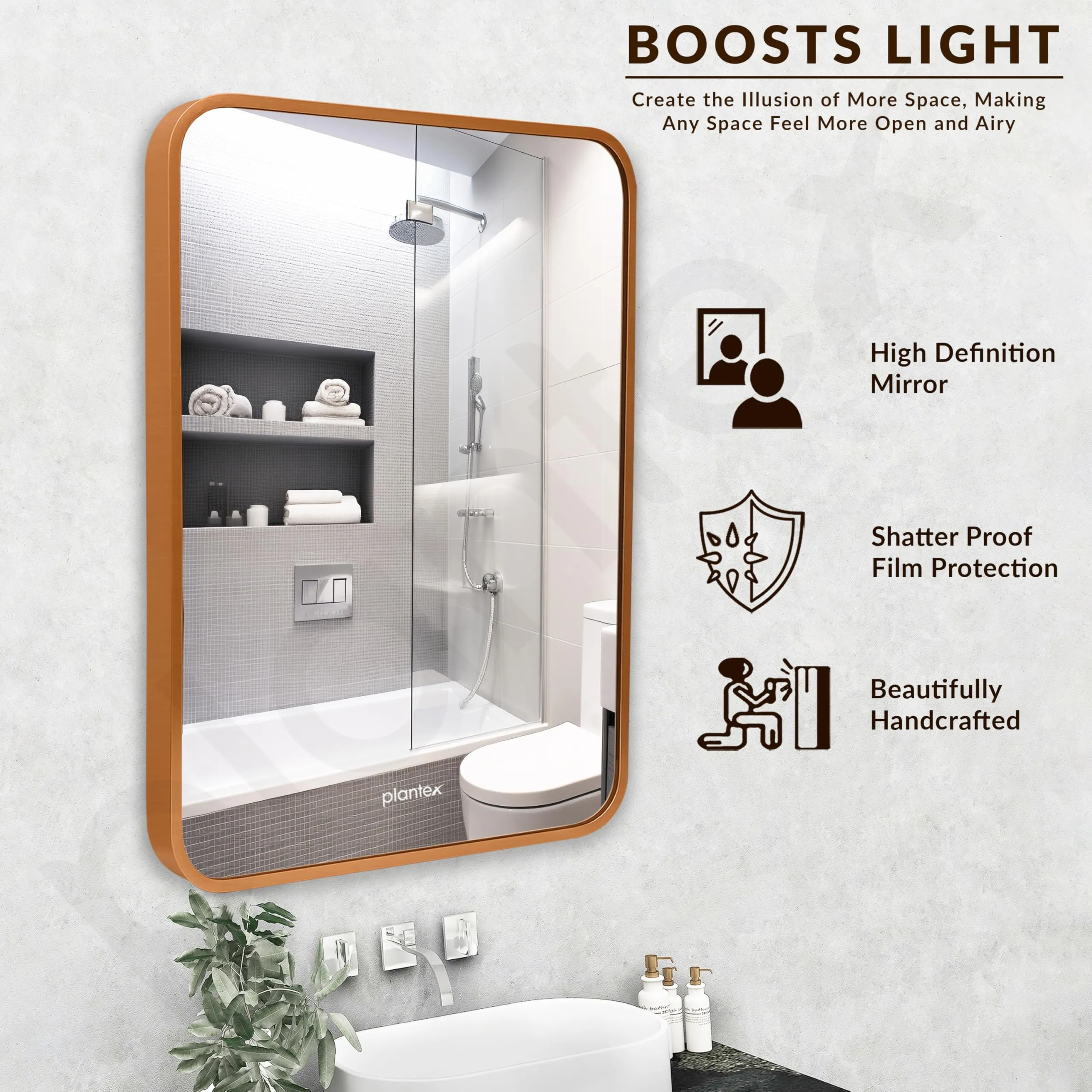Plantex Modern Brushed Finish Aluminium Material Frame Mirror for Wall/Bathroom Mirrors/Mirror for Wash Basin/Wall Mount Mirror for Bedroom/Dressing Room/Living Room/Rectangle Shape (18x24 Inch|Gold)
