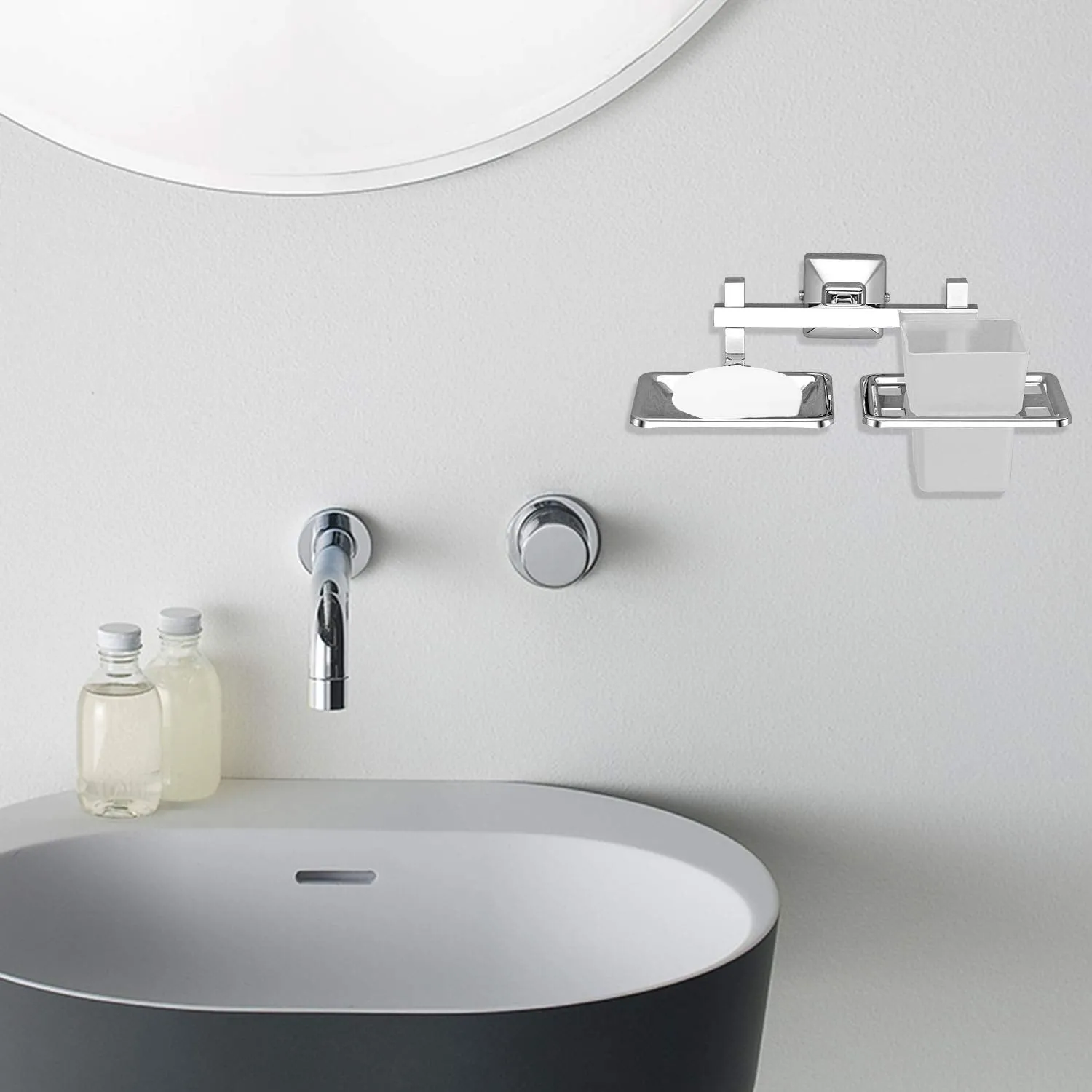 Plantex Stainless Steel 304 Grade Squaro 2in1 Soap Holder with Tumbler Holder/Bathroom Accessories(Chrome) - Pack of 2