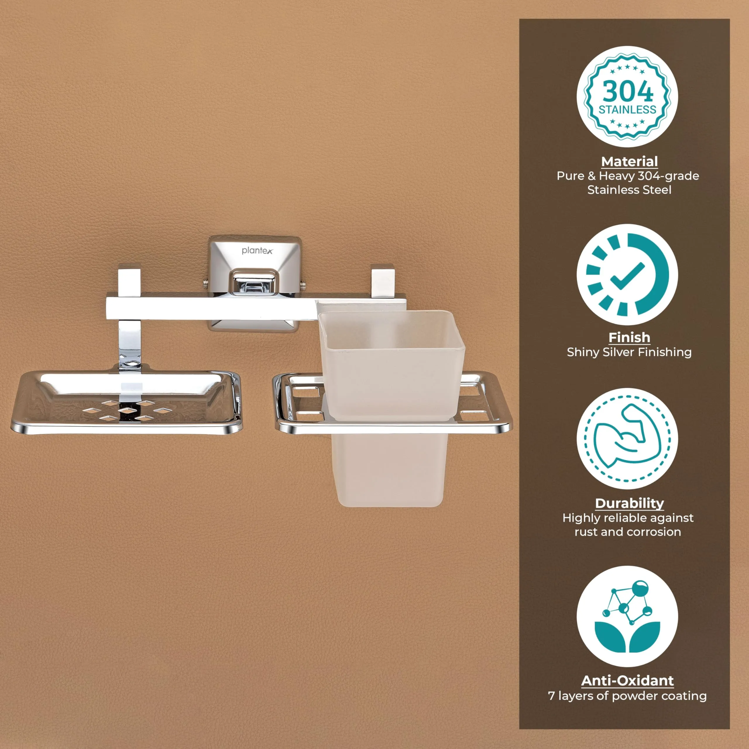 Plantex Stainless Steel 304 Grade Squaro 2in1 Soap Holder with Tumbler Holder/Bathroom Accessories(Chrome) - Pack of 2