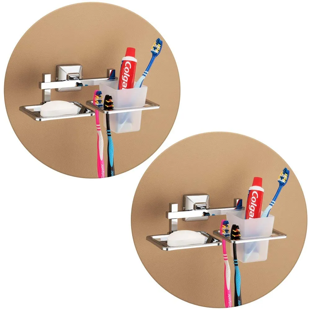 Plantex Stainless Steel 304 Grade Squaro 2in1 Soap Holder with Tumbler Holder/Bathroom Accessories(Chrome) - Pack of 2