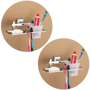 Plantex Stainless Steel 304 Grade Squaro 2in1 Soap Holder with Tumbler Holder/Bathroom Accessories(Chrome) - Pack of 2