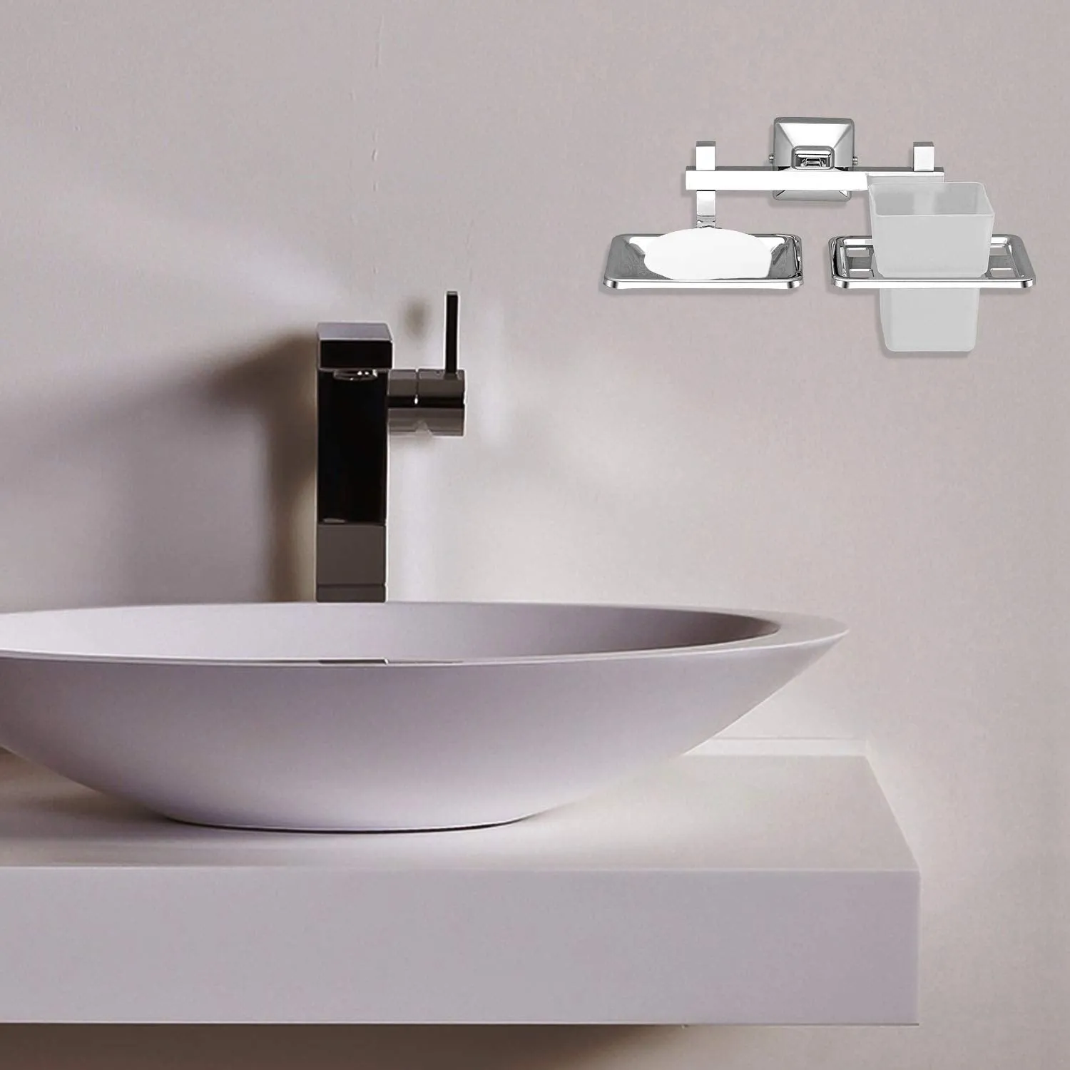 Plantex Stainless Steel 304 Grade Squaro 2in1 Soap Holder with Tumbler Holder/Bathroom Accessories(Chrome) - Pack of 2