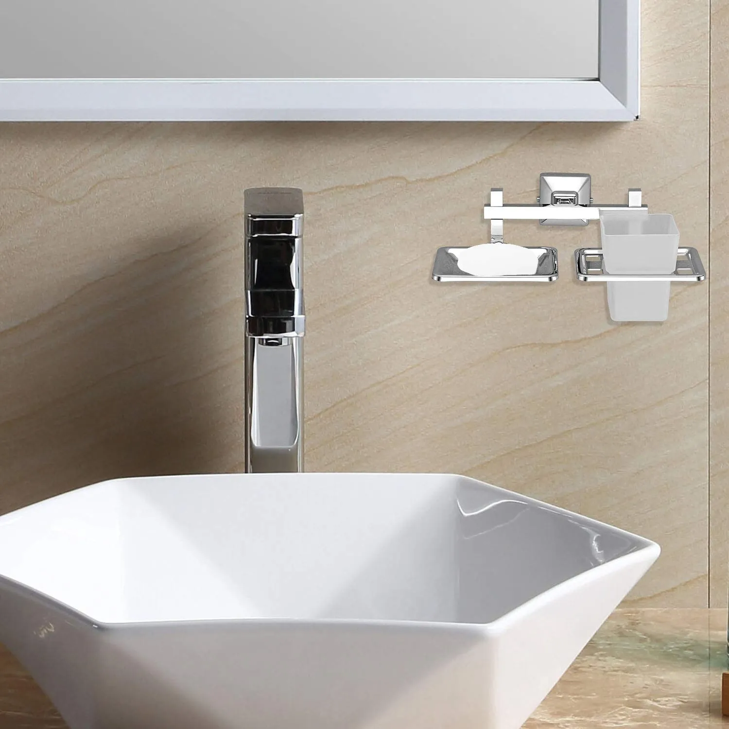 Plantex Stainless Steel 304 Grade Squaro 2in1 Soap Holder with Tumbler Holder/Bathroom Accessories(Chrome) - Pack of 2