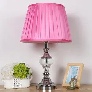 Rose Red Fabric Night Lamp with Crystal Accent for Bedroom Nightstand