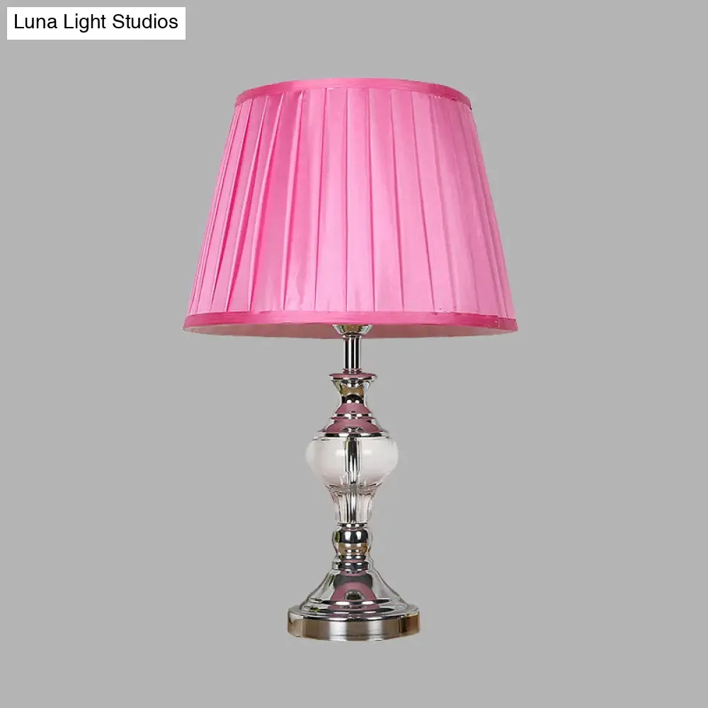 Rose Red Fabric Night Lamp with Crystal Accent for Bedroom Nightstand