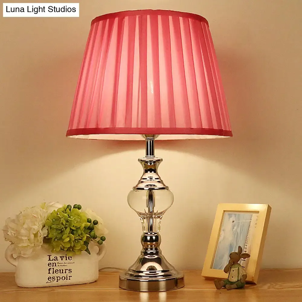 Rose Red Fabric Night Lamp with Crystal Accent for Bedroom Nightstand