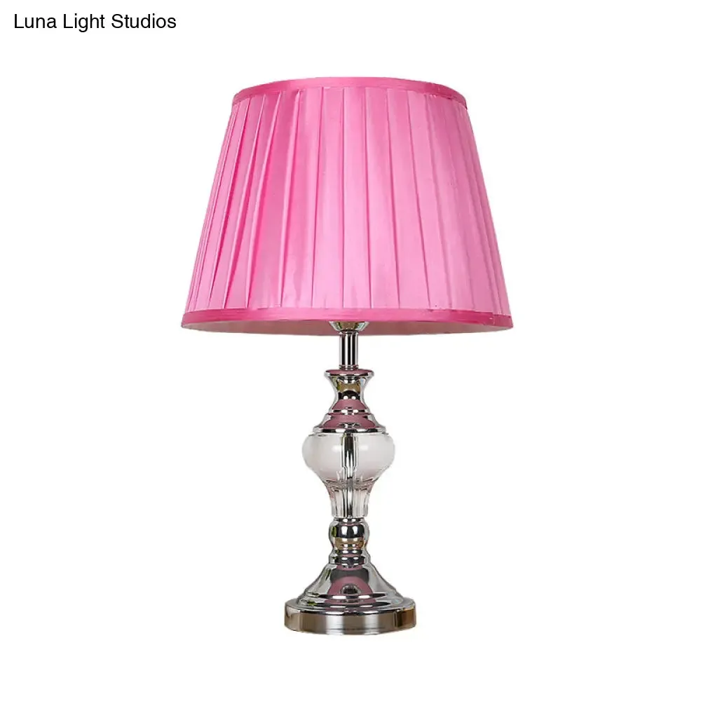 Rose Red Fabric Night Lamp with Crystal Accent for Bedroom Nightstand