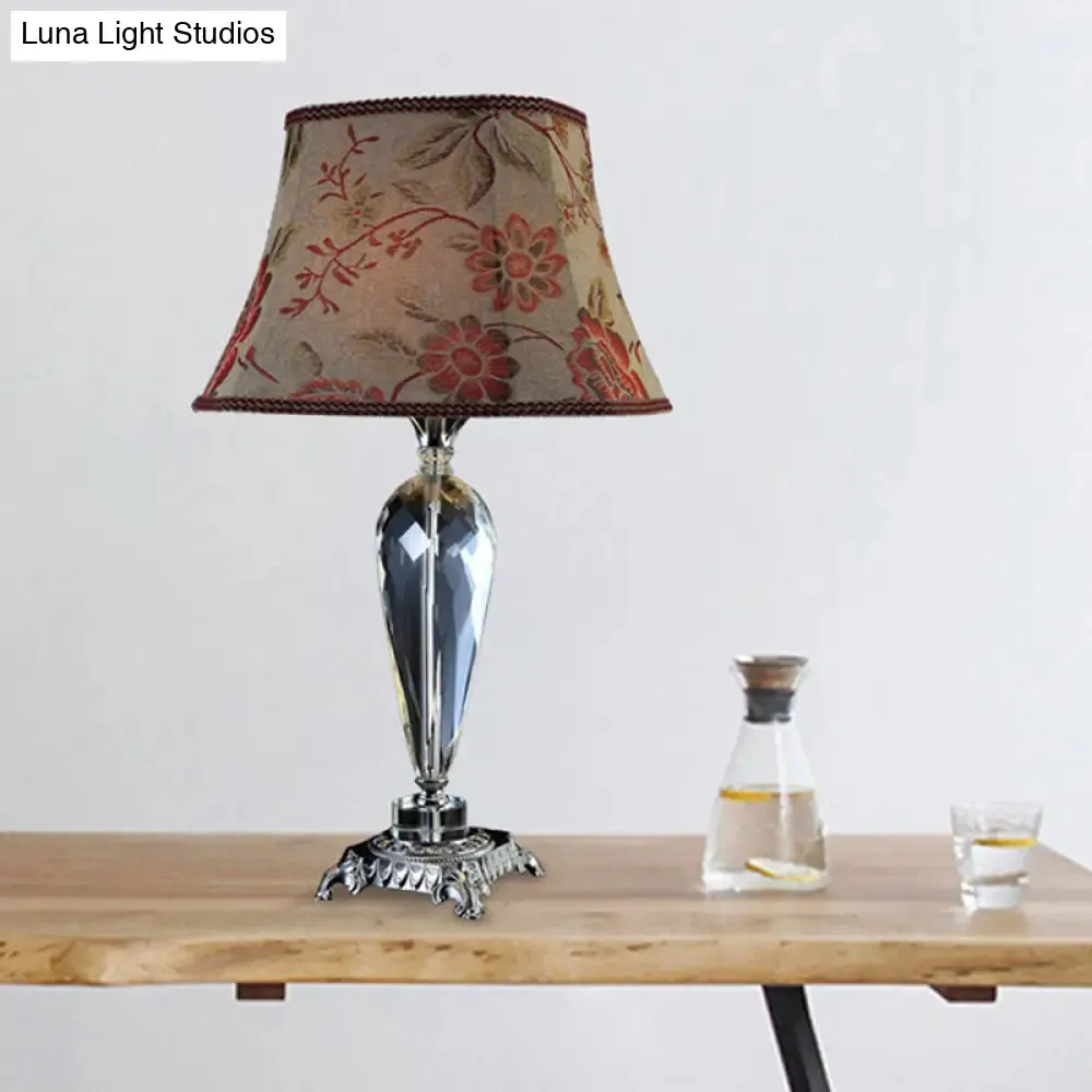 Rustic Single Bulb Night Table Lamp with Flower Design and K9 Crystal Accents in Beige