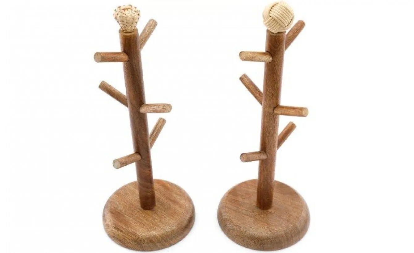 Rustic Wooden Mug Tree Stand with Decorative Top
