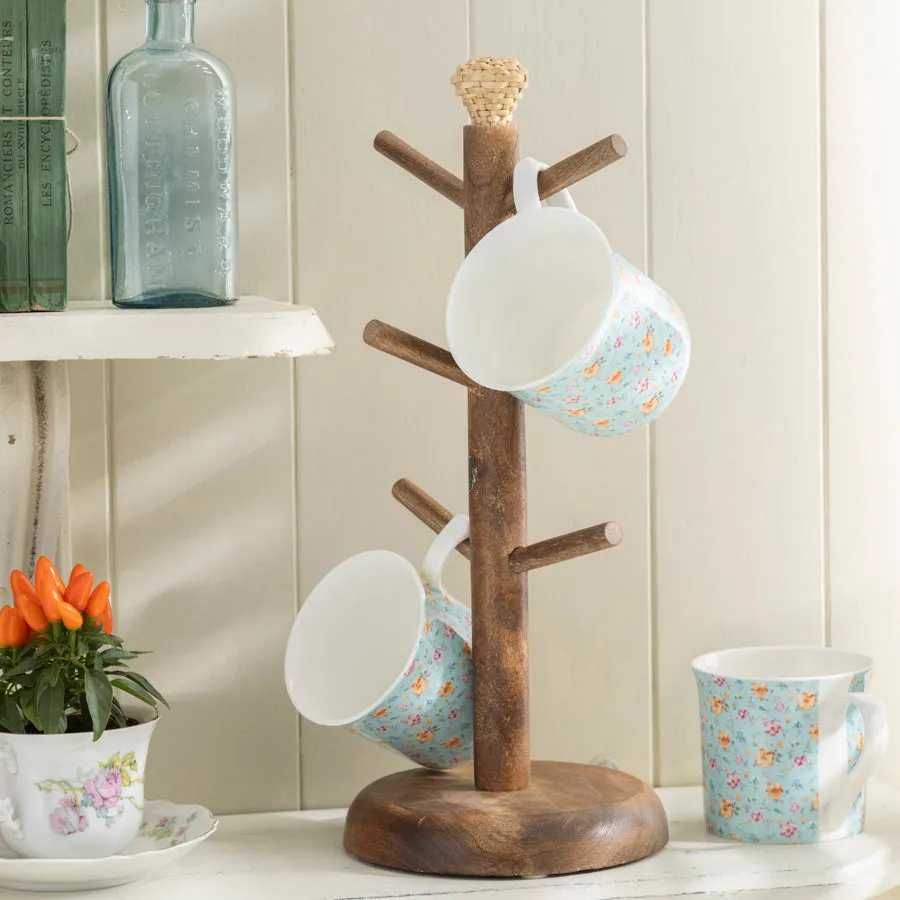 Rustic Wooden Mug Tree Stand with Decorative Top