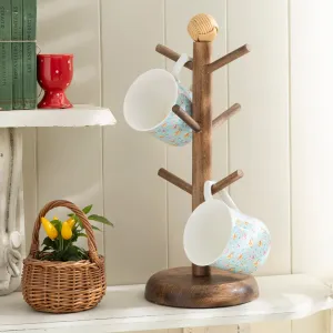 Rustic Wooden Mug Tree Stand with Decorative Top
