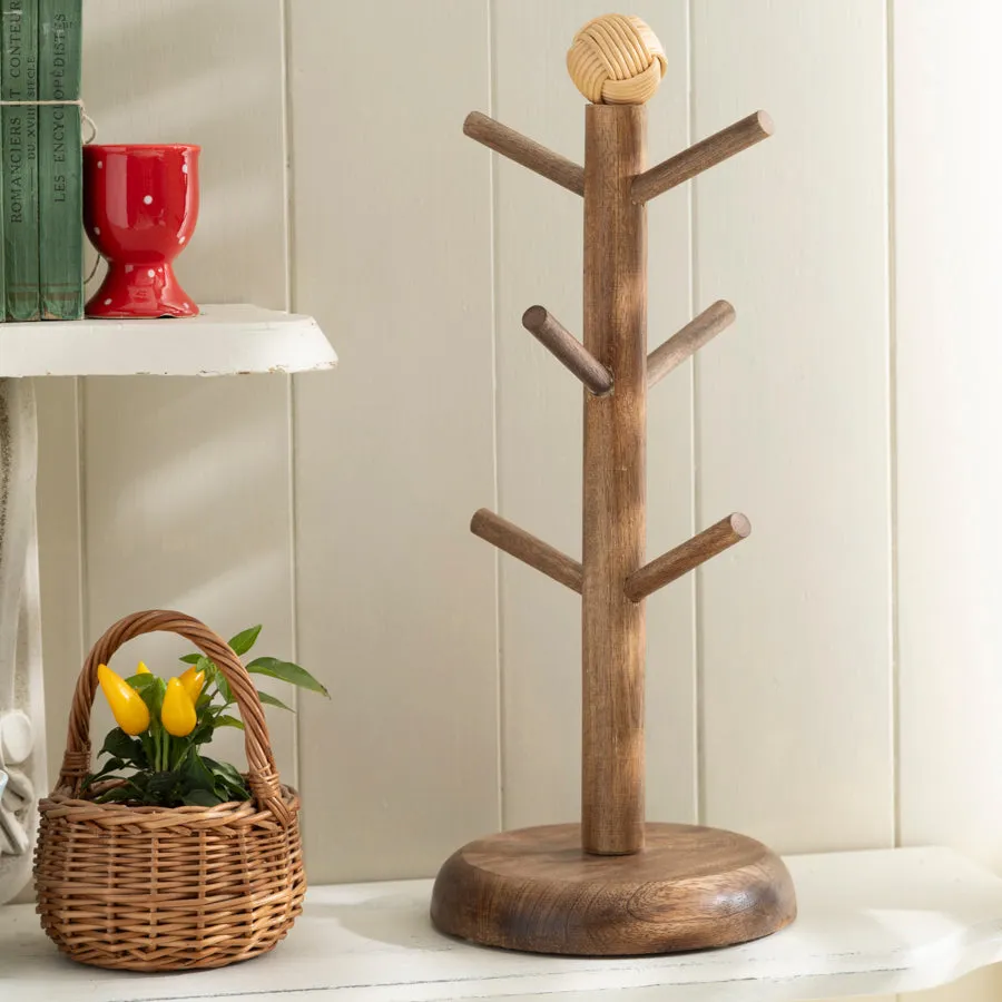Rustic Wooden Mug Tree Stand with Decorative Top