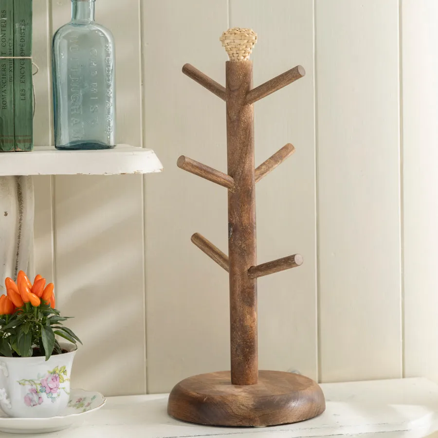 Rustic Wooden Mug Tree Stand with Decorative Top