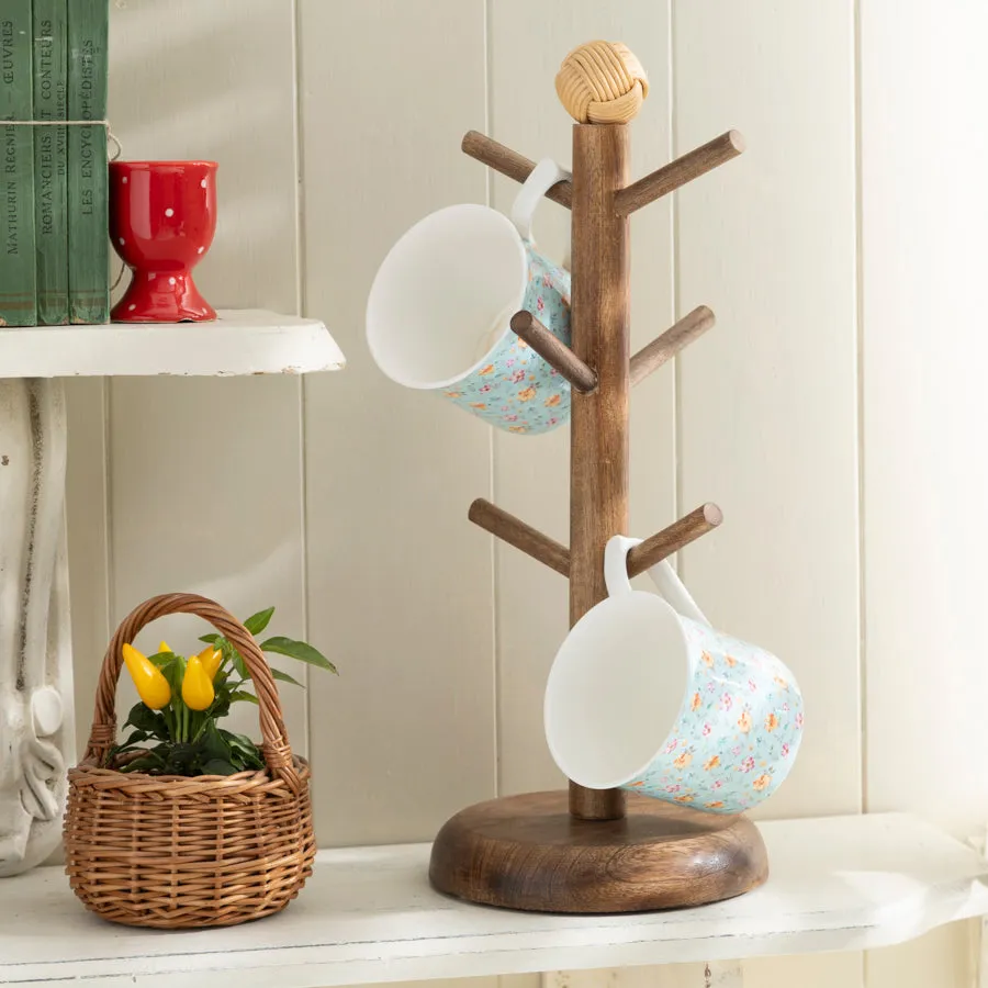 Rustic Wooden Mug Tree Stand with Decorative Top