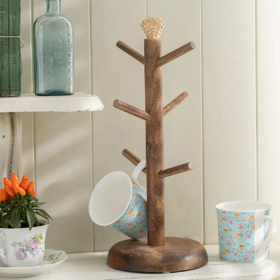 Rustic Wooden Mug Tree Stand with Decorative Top