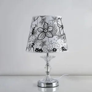 Silver Crystal Nightstand Lamp: Flower-Patterned Shade Fabric Table Light for Traditional Living Room