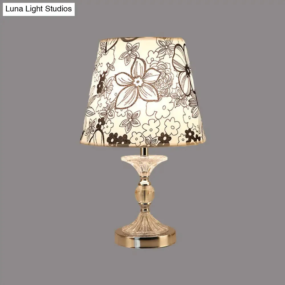 Silver Crystal Nightstand Lamp: Flower-Patterned Shade Fabric Table Light for Traditional Living Room