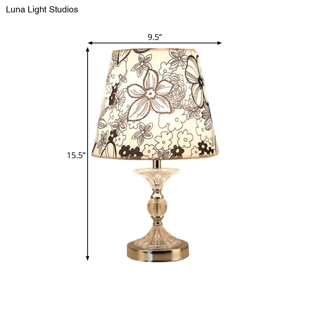 Silver Crystal Nightstand Lamp: Flower-Patterned Shade Fabric Table Light for Traditional Living Room