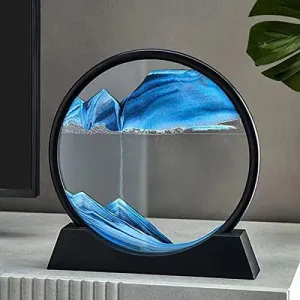 SINGYICO 3D Dynamic Sand Art Liquid Motion, Moving Picture Round Glass 3D Deep Sea Sandscape Display Flowing Frame Relaxing Desktop Home Office Work Decor (Blue,7 inch)