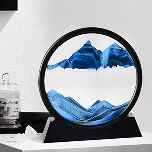SINGYICO 3D Dynamic Sand Art Liquid Motion, Moving Picture Round Glass 3D Deep Sea Sandscape Display Flowing Frame Relaxing Desktop Home Office Work Decor (Blue,7 inch)