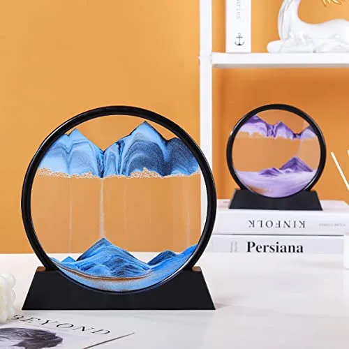 SINGYICO 3D Dynamic Sand Art Liquid Motion, Moving Picture Round Glass 3D Deep Sea Sandscape Display Flowing Frame Relaxing Desktop Home Office Work Decor (Blue,7 inch)