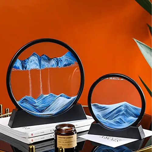 SINGYICO 3D Dynamic Sand Art Liquid Motion, Moving Picture Round Glass 3D Deep Sea Sandscape Display Flowing Frame Relaxing Desktop Home Office Work Decor (Blue,7 inch)