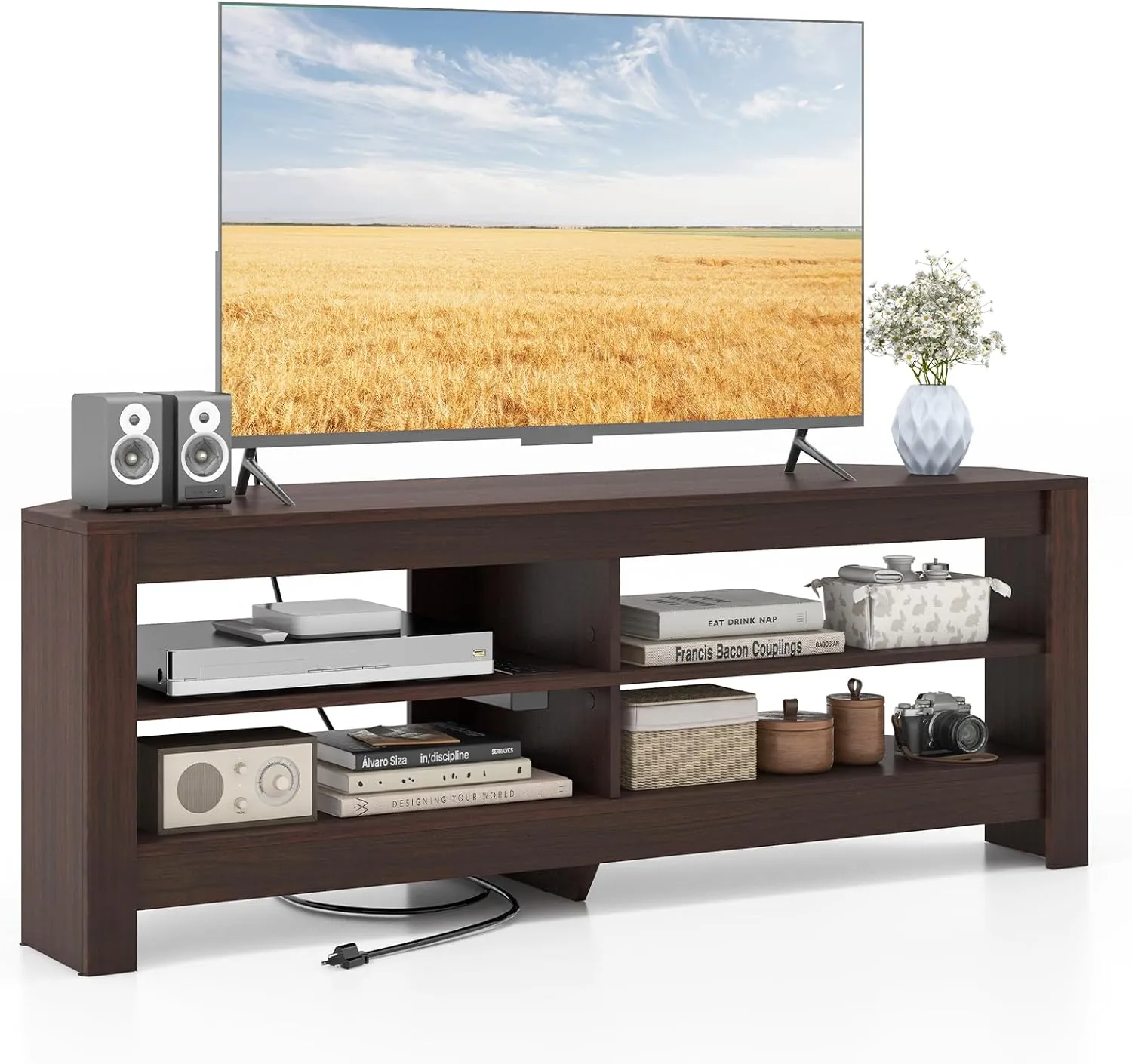 Tangkula 55''L Corner TV Stand with Power Outlet, TV Console Table with 4 Open Storage Shelves
