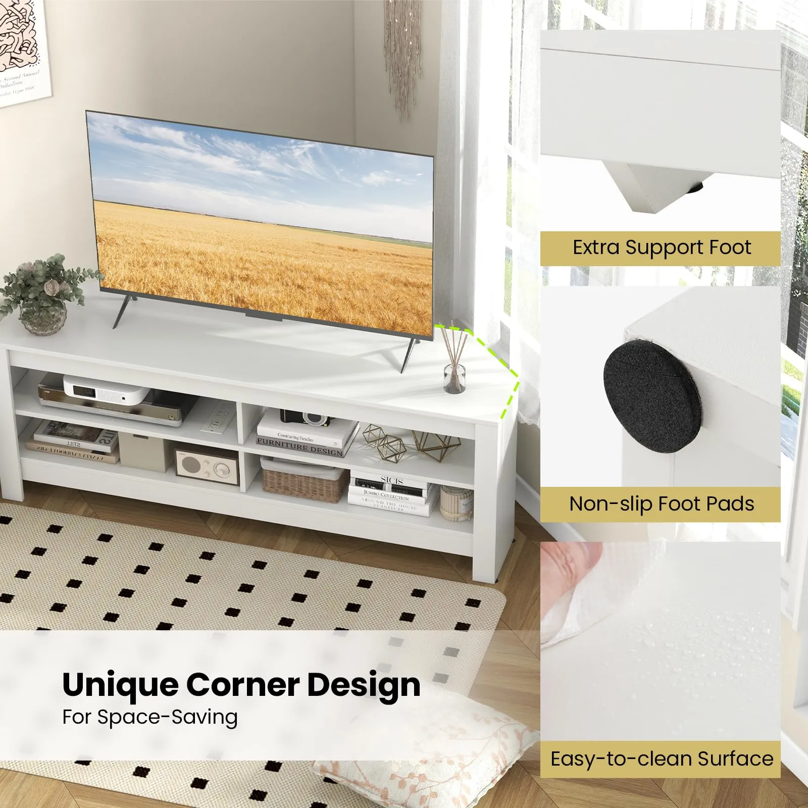 Tangkula 55''L Corner TV Stand with Power Outlet, TV Console Table with 4 Open Storage Shelves