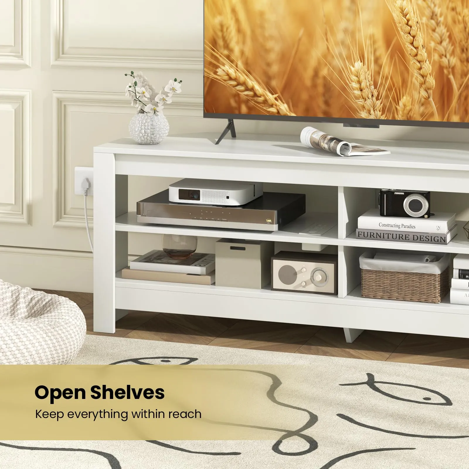 Tangkula 55''L Corner TV Stand with Power Outlet, TV Console Table with 4 Open Storage Shelves