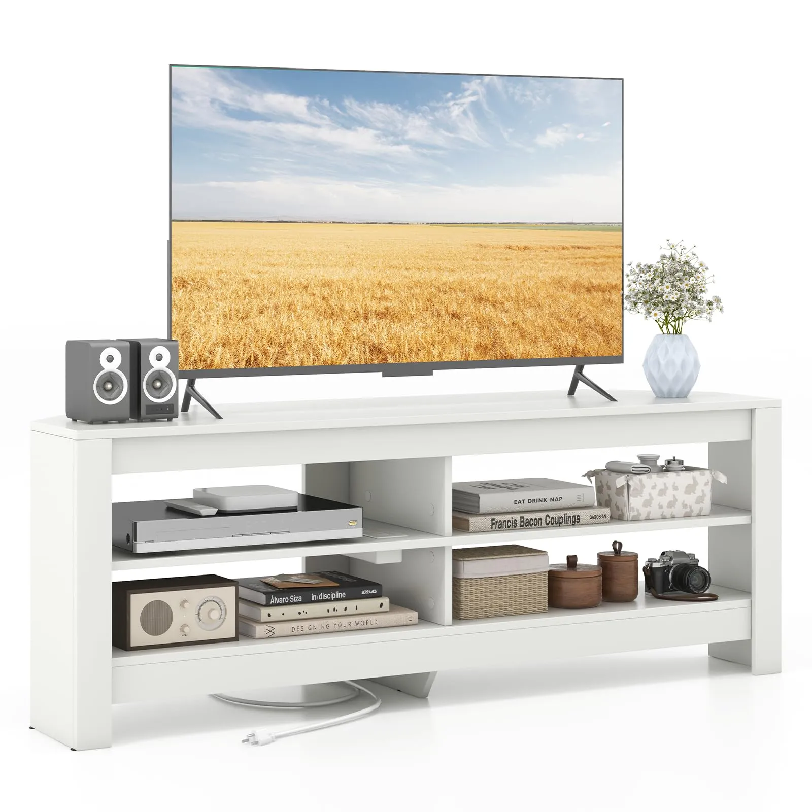 Tangkula 55''L Corner TV Stand with Power Outlet, TV Console Table with 4 Open Storage Shelves