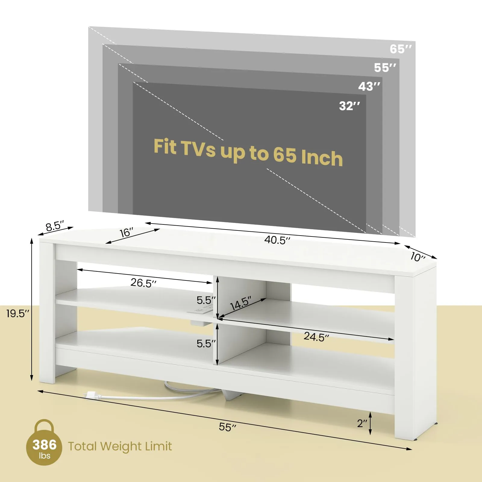 Tangkula 55''L Corner TV Stand with Power Outlet, TV Console Table with 4 Open Storage Shelves