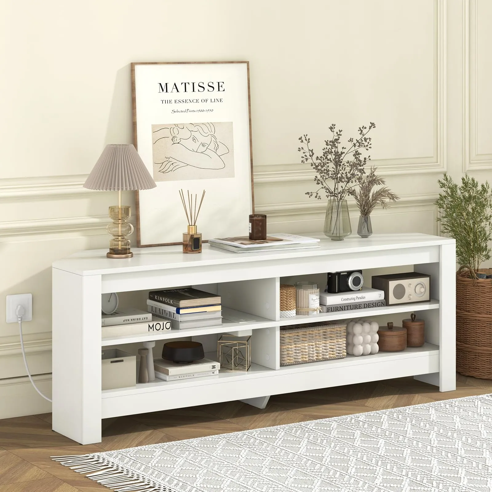 Tangkula 55''L Corner TV Stand with Power Outlet, TV Console Table with 4 Open Storage Shelves