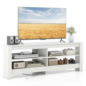 Tangkula 55''L Corner TV Stand with Power Outlet, TV Console Table with 4 Open Storage Shelves