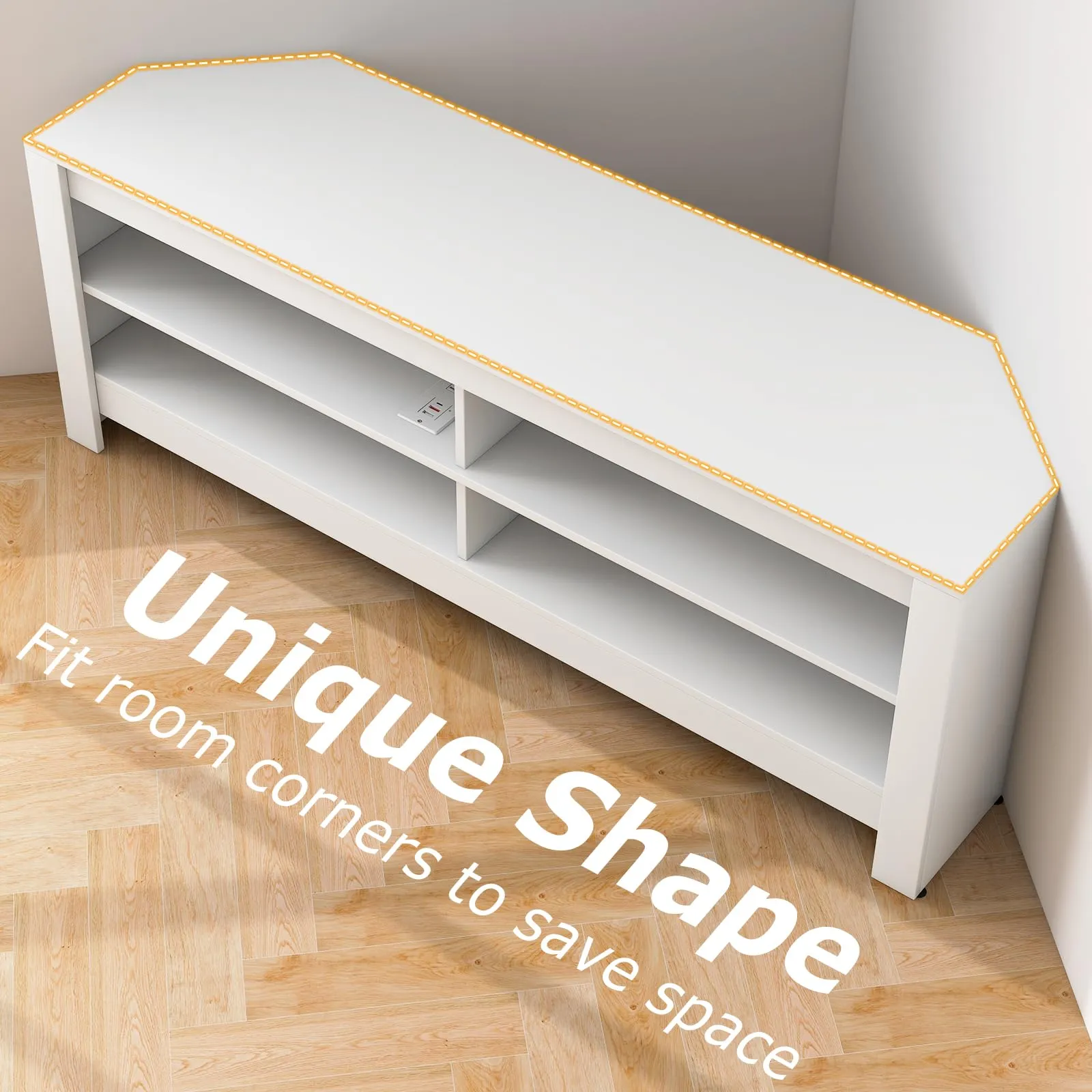 Tangkula 55''L Corner TV Stand with Power Outlet, TV Console Table with 4 Open Storage Shelves