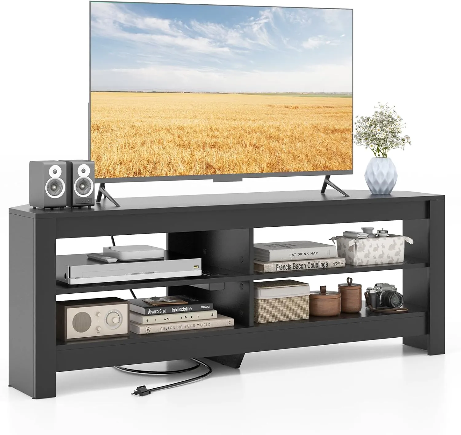 Tangkula 55''L Corner TV Stand with Power Outlet, TV Console Table with 4 Open Storage Shelves