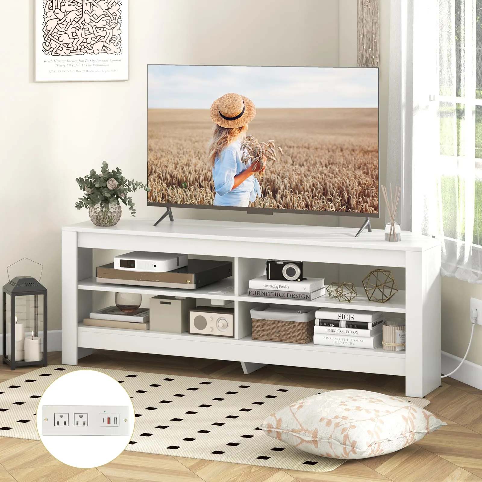 Tangkula 55''L Corner TV Stand with Power Outlet, TV Console Table with 4 Open Storage Shelves
