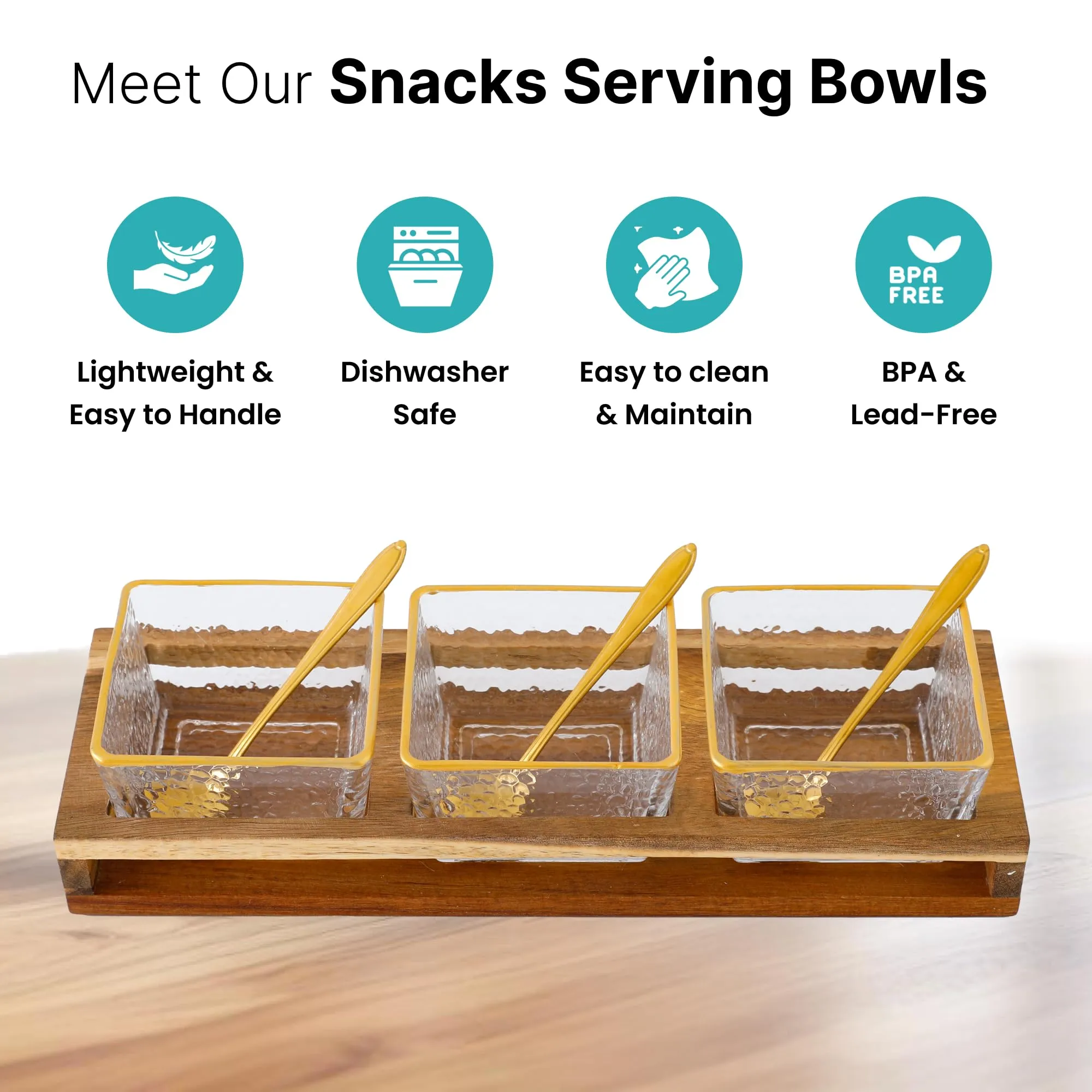 The Better Home Platters Serving Set for Snacks with Wooden Tray,Spoon & 3Jars (180ml Each) | Premium Soda Lime Glass | Snacks Serving Bowls with Tray | Serving Tray with Bowls for Snacks