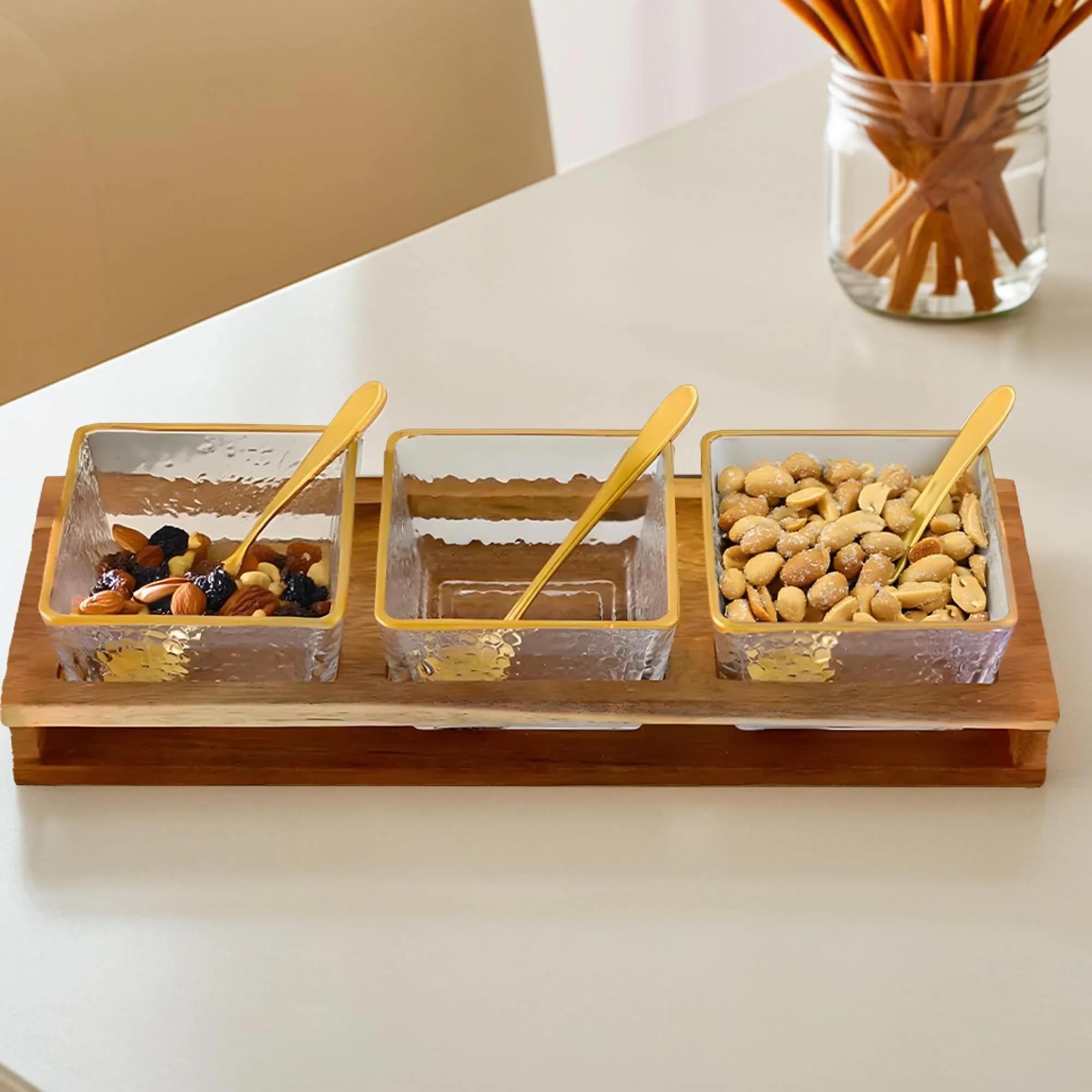 The Better Home Platters Serving Set for Snacks with Wooden Tray,Spoon & 3Jars (180ml Each) | Premium Soda Lime Glass | Snacks Serving Bowls with Tray | Serving Tray with Bowls for Snacks