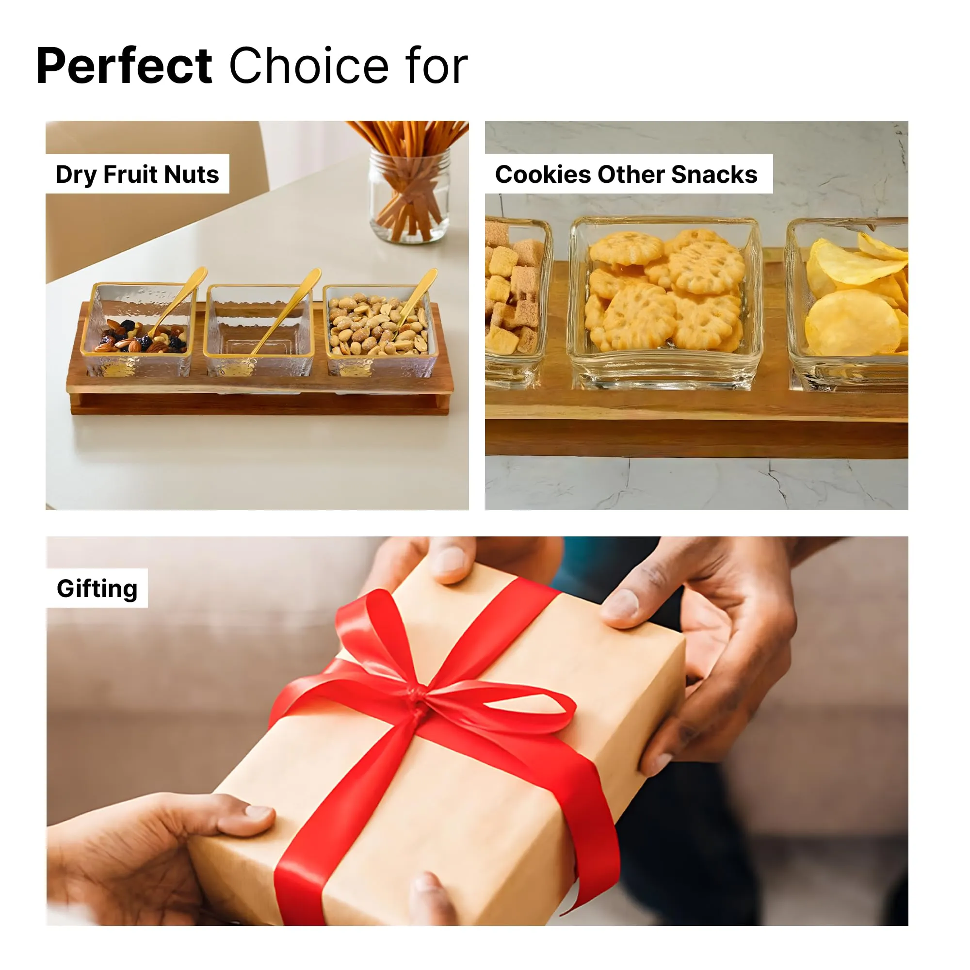 The Better Home Platters Serving Set for Snacks with Wooden Tray,Spoon & 3Jars (180ml Each) | Premium Soda Lime Glass | Snacks Serving Bowls with Tray | Serving Tray with Bowls for Snacks
