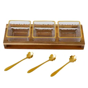The Better Home Platters Serving Set for Snacks with Wooden Tray,Spoon & 3Jars (180ml Each) | Premium Soda Lime Glass | Snacks Serving Bowls with Tray | Serving Tray with Bowls for Snacks