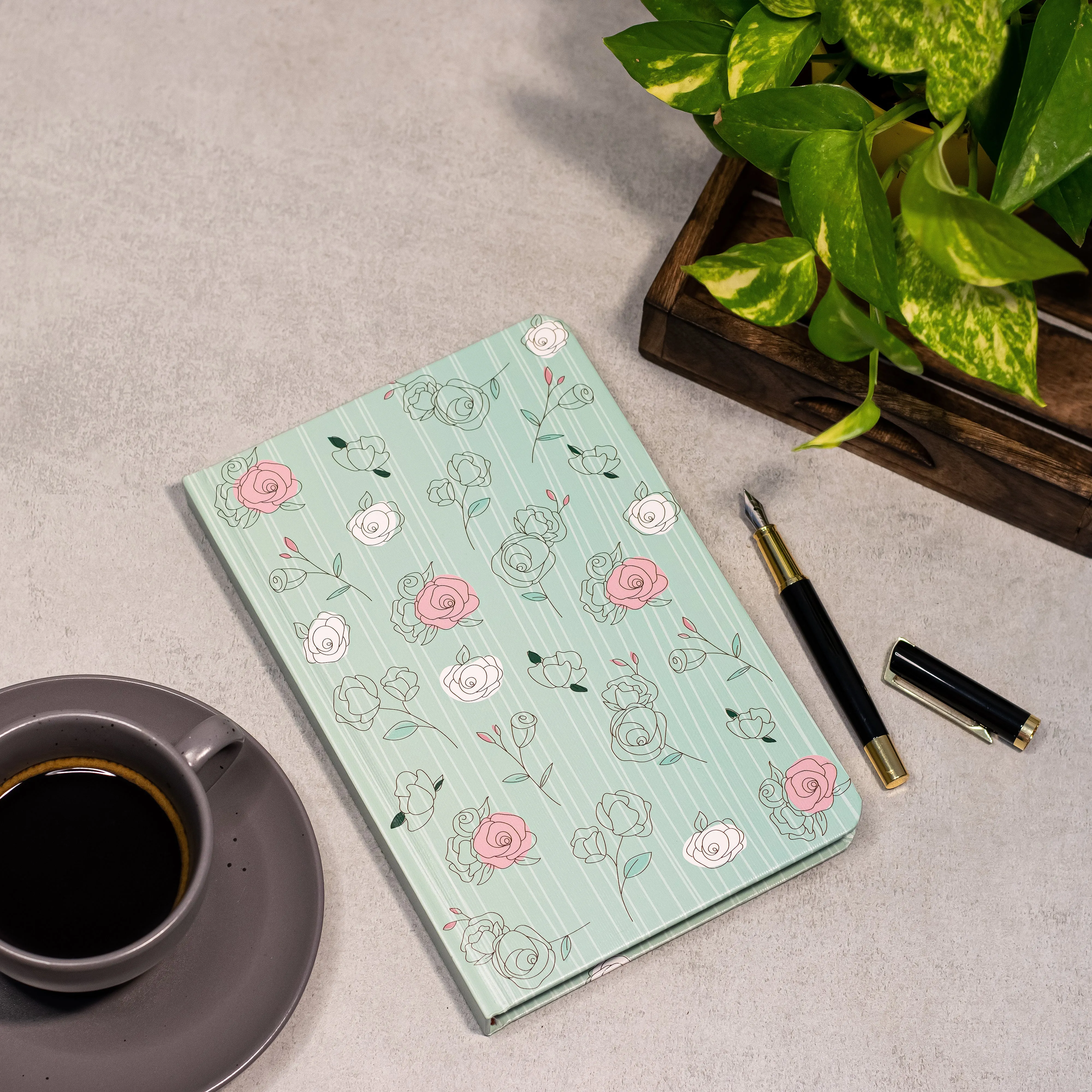 The Pastel Mint Roses - Designer Hard Cover Notebook