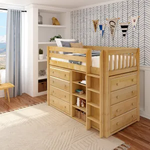 Twin Mid Straight Ladder Loft with Two 4 Drawer Dressers & Bookcase